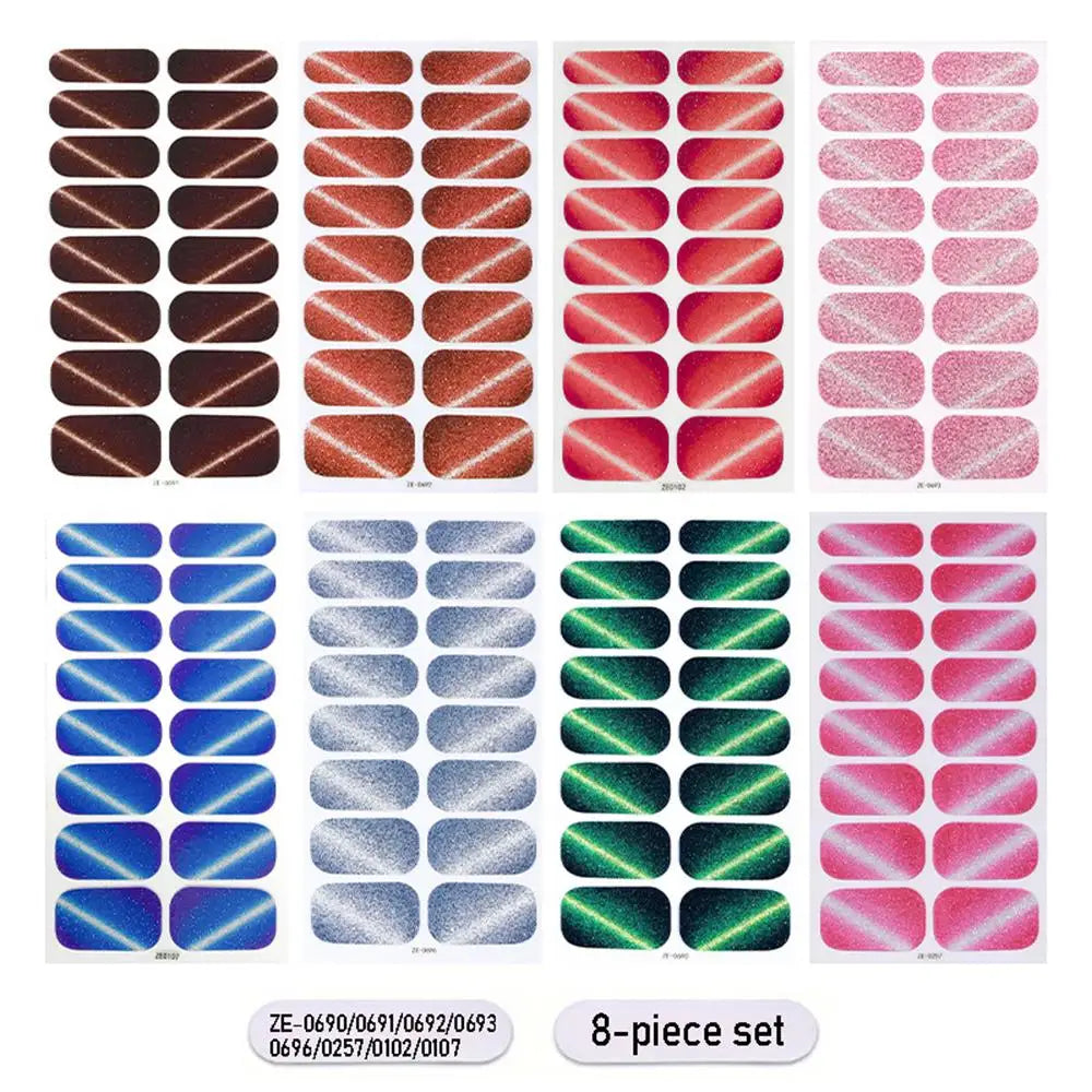 Gradient cat eye style nail art stickers by Blushimmer, 16-piece set with self-adhesive waterproof glitter false nail decals.