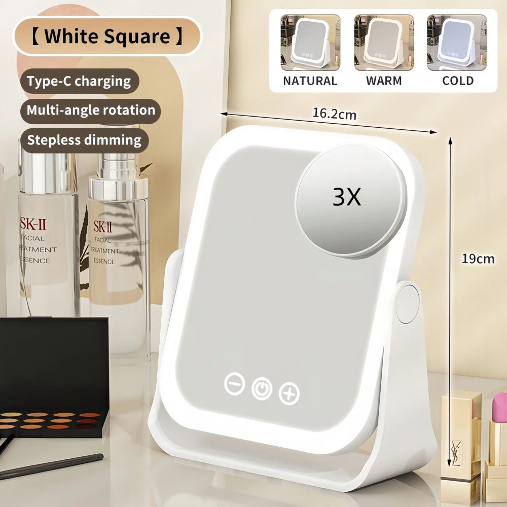 Blushimmer LED portable makeup mirror with flip light, touch dimming, 3X magnifier, rechargeable for desk use