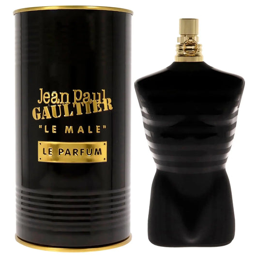 Jean Paul Gaultier Le Male Le Parfum EDP spray for men in 4.2 oz bottle, featuring sleek design and dark fragrance accents.