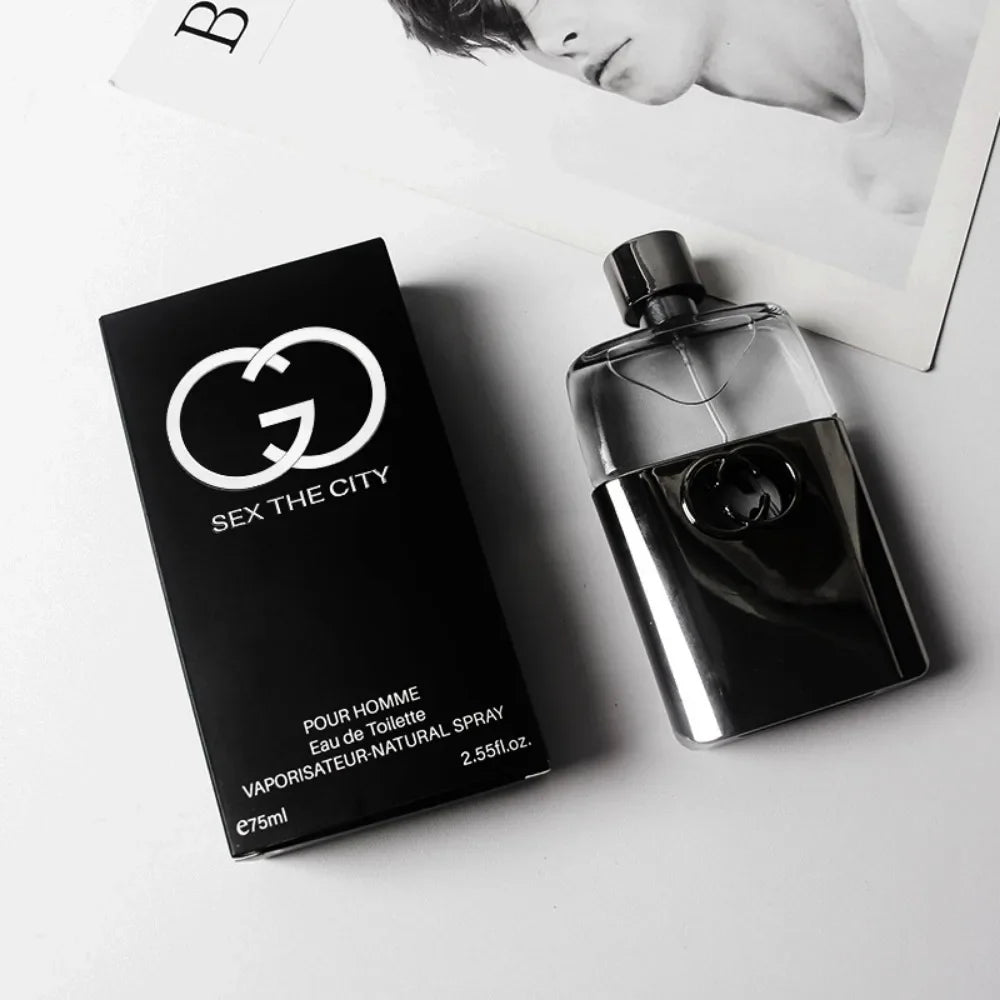 Blushimmer Guilty Black pheromone perfume cologne for men and women featuring a fresh woody sandalwood scent, elegant bottle.