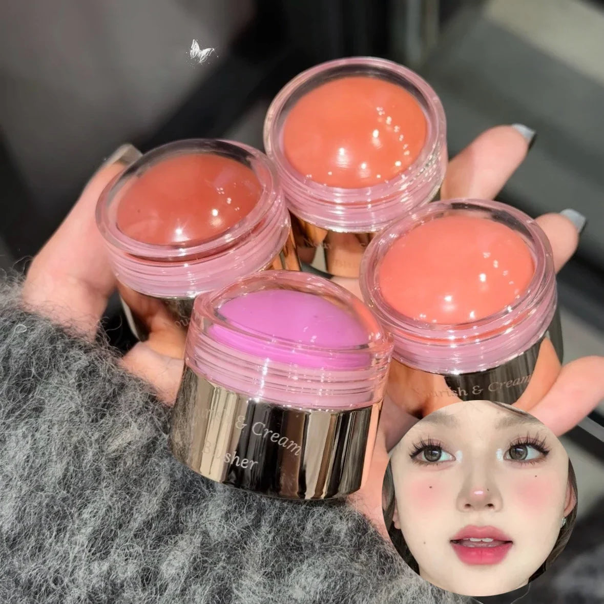 Creamy purple blush stick by Blushimmer, soft peach pink cheek tint for brightening and contouring on face.