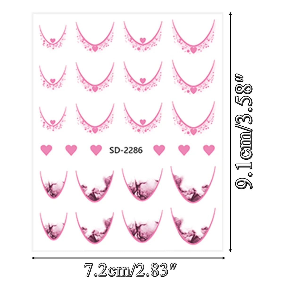 Set of 12 Blushimmer gradient French tip nail stickers with heart designs and self-adhesive decals for DIY nail art in 12 colors.