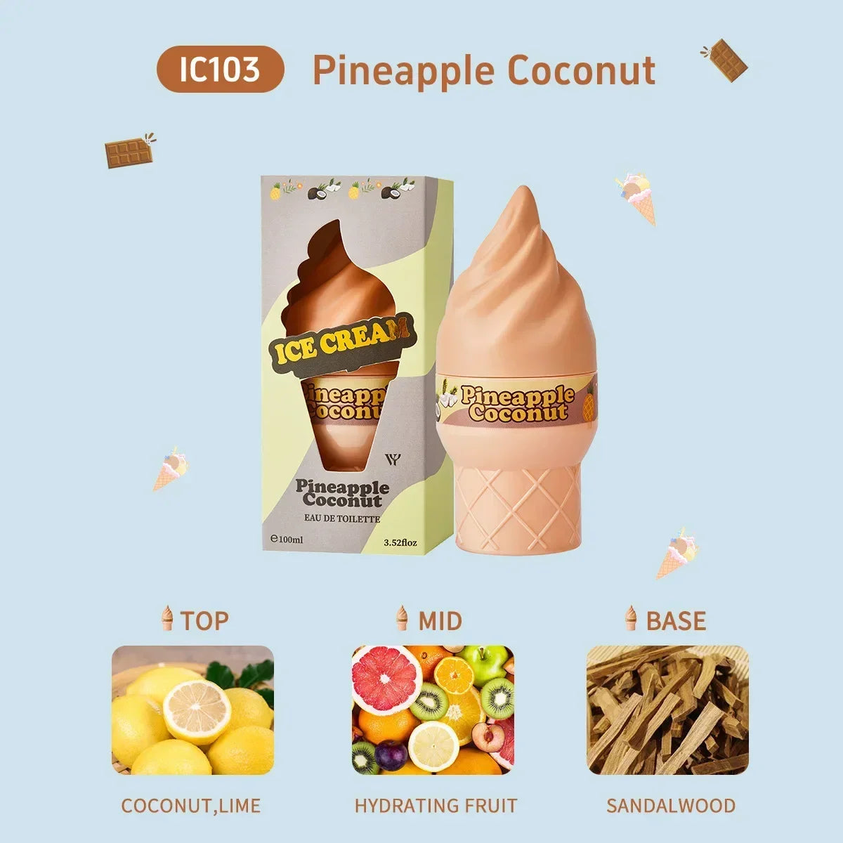 Cute ice cream-shaped perfume bottle by Blushimmer featuring fruity floral vanilla scent, 50ml long-lasting eau de toilette for women.