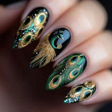 24pcs Blushimmer glossy almond false nails with dark green forest mushroom pattern, gold sequins, and French style design.