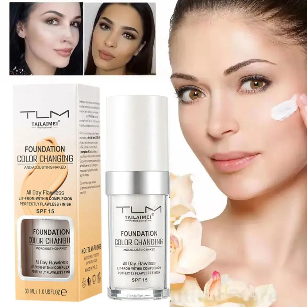 Blushimmer foundation color-changing makeup base in nude, full coverage matte liquid concealer and cream for long-lasting face makeup.