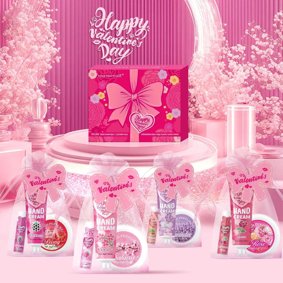 Set of 20 Blushimmer gift boxes with lip balm, hand cream, perfume, pink gift bag, bow, and thank you cards.