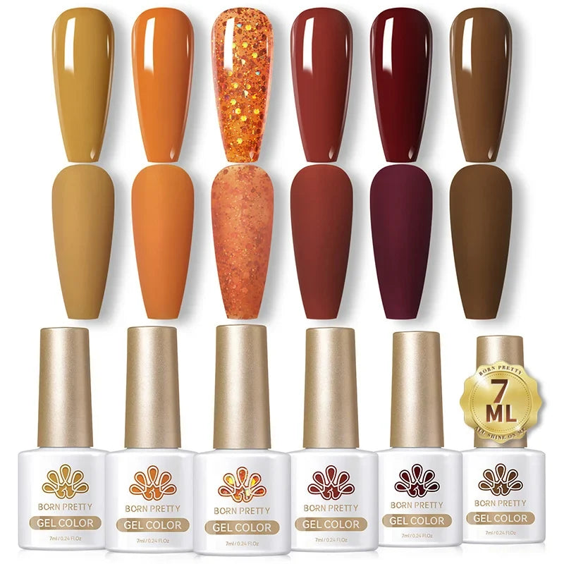 Born Pretty 6-pack crystal amber gel nail polish set with jelly pink and nude shades for semi-permanent UV and LED manicure.