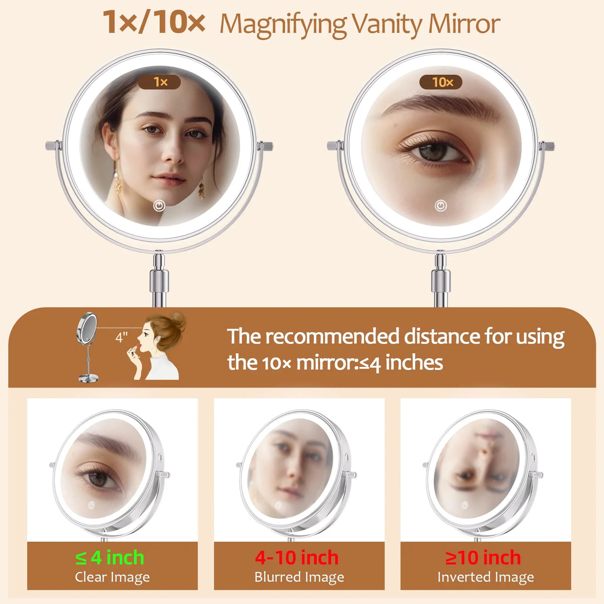 Blushimmer 8-inch makeup mirror with light, 10x magnification, adjustable brightness, three color lights, and height stand.