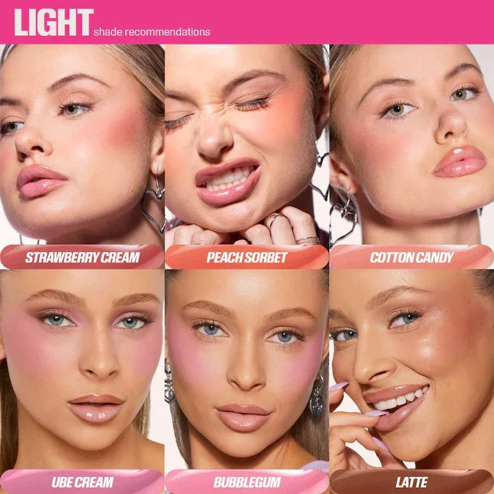 Huda Beauty Blush Filter Soft Glow Liquid Blush in Cotton Candy and Bubblegum shades, with shiny lip gloss and concealer in a makeup set.