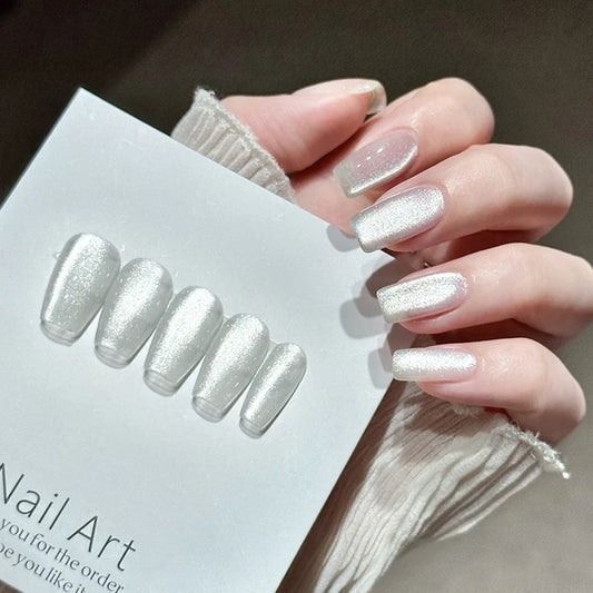 Blushimmer holographic glitter mirror gel polish in porcelain white with cat eye magnetic galaxy effect for UV and LED nails.