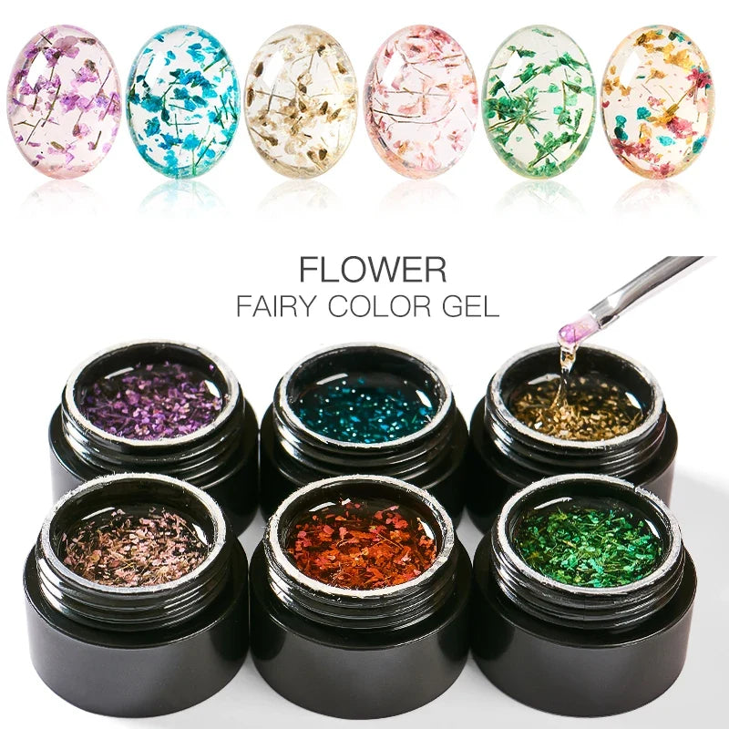 Blushimmer Meet Across 5ml pink dried flower gel nail polish with natural fairy flower design for UV LED nail art and soak-off manicure