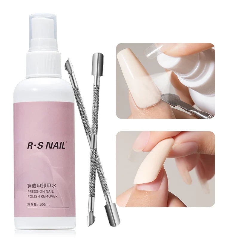 Blushimmer RSNAIL 100ml nail glue remover for press-on, gel, and acrylic nails, with a clear gel formula in a white bottle.