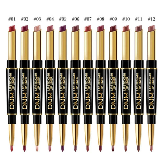 Blushimmer double-ended non-stick lipstick and lip liner set in vibrant shades, waterproof and long-lasting for perfect lips.