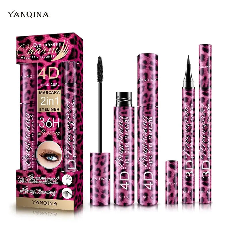 Blushimmer YANQINA liquid eyeliner pencil and waterproof mascara set with eyebrow pencil, black eye makeup tools on a white background.