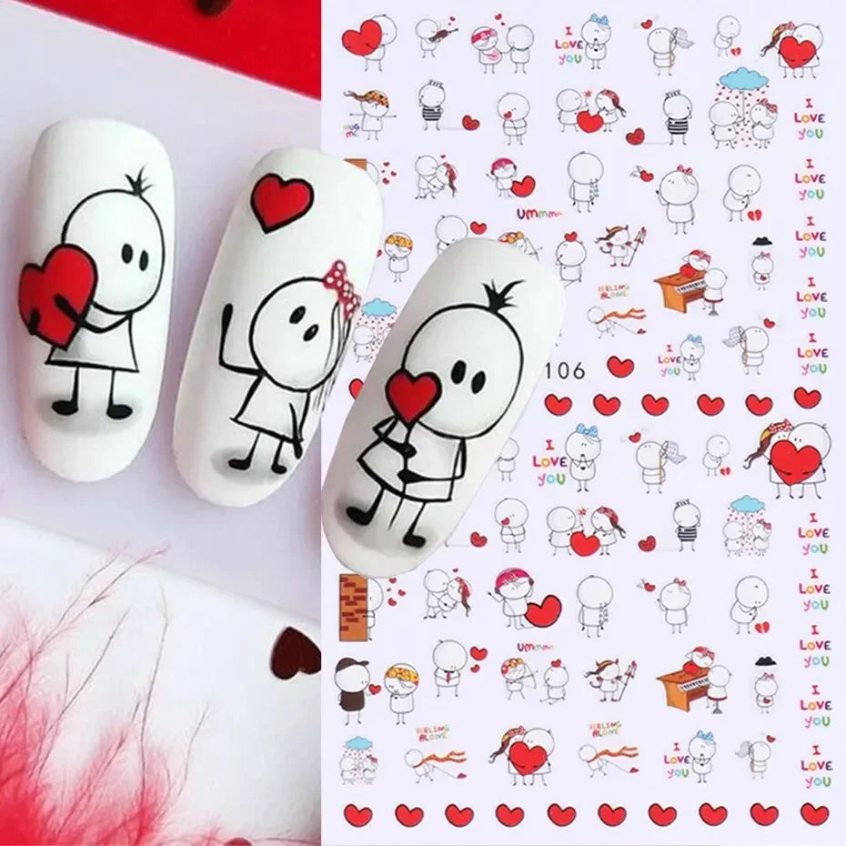 Set of 6 Blushimmer 3D Valentine’s Day nail art stickers with cute girl cartoon and lover letter designs for phone and nail decoration.