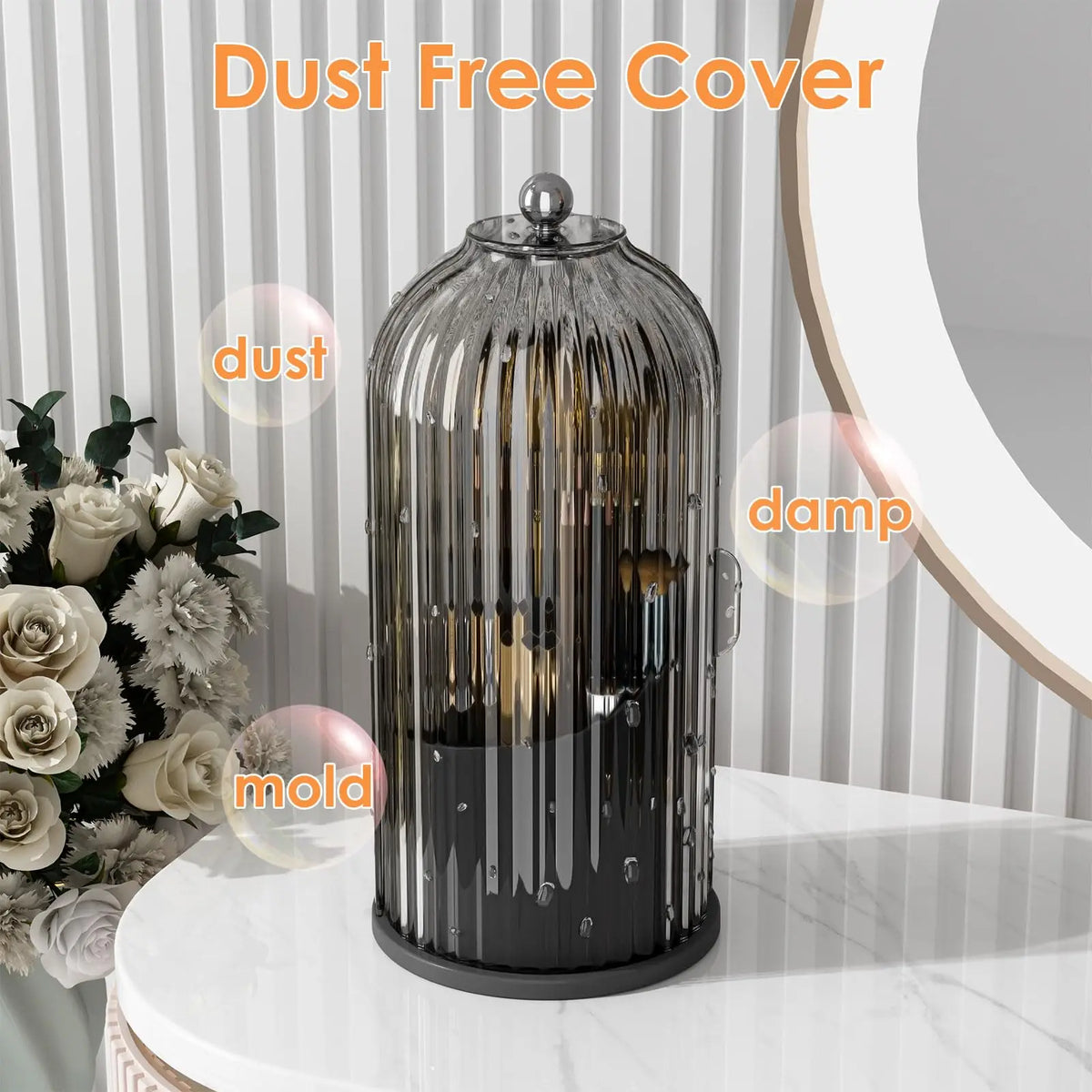Blushimmer YOOLENS makeup brush holder organizer with lid, clear rotating dustproof container for vanity and bathroom storage.