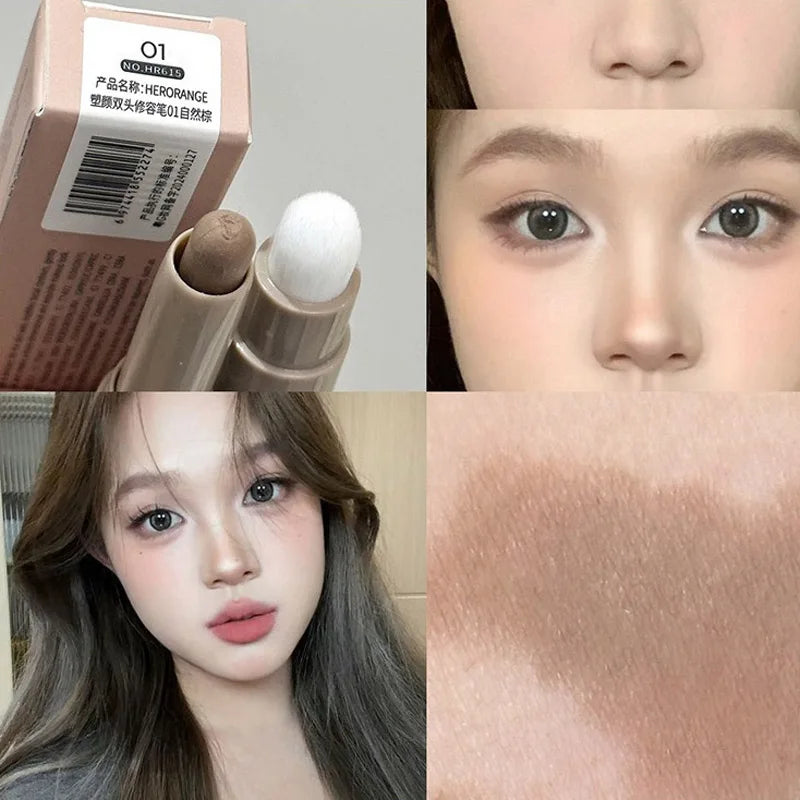 Blushimmer double head contour stick with brush, cream bronzer and nose shadow for waterproof, long-lasting facial contour makeup.