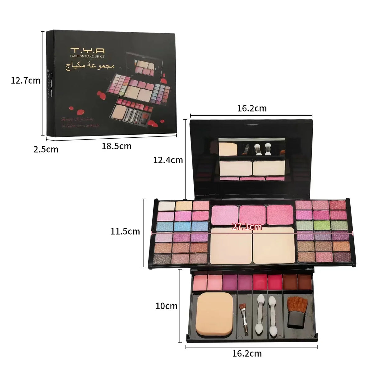 Blushimmer makeup gift set for women with eyebrow powder, lipstick, lip gloss, eyeshadow palette, shimmer and glitter accents.