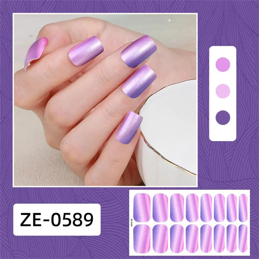 Gradient cat eye style nail art stickers by Blushimmer, 16-piece waterproof glitter false nail decals on a clear background.
