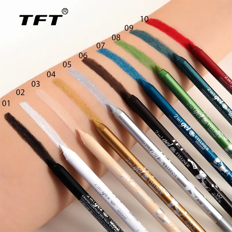 Blushimmer waterproof gel eye liner pen in vibrant blue, black, and white colors with long-lasting, colorful pigment for makeup.