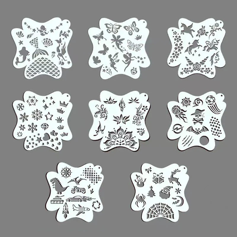 Blushimmer reusable plastic stencils for body painting, face art, and temporary tattoos with various stamp designs.