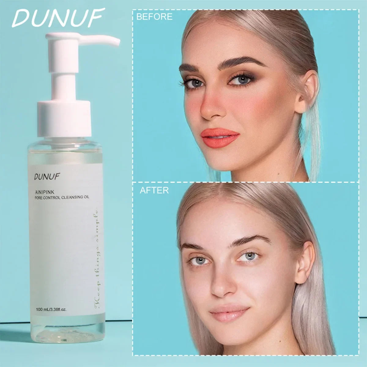 Blushimmer DUNUF 100ml cleansing oil with plant extracts, showing a clear bottle and a dropper for deep pore cleansing and makeup removal.