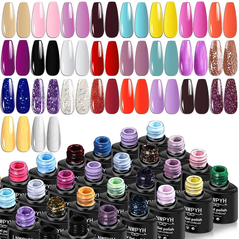 Blushimmer LNWPYH gel nail polish set with 26 colors, UV and LED gel varnish, base coat, top coat, and soak-off nail lacquers.