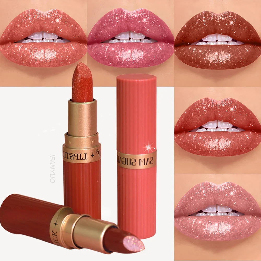 Chocolate brown metallic glitter lipstick by Blushimmer with shimmery, long-lasting, waterproof, non-fade pearl lip gloss.