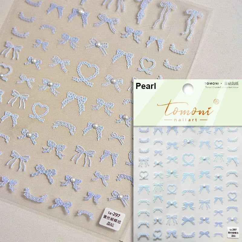 French leopard print bowknot lace ribbon with rhinestones and pearls, manicure decal for elegant nail art decoration.