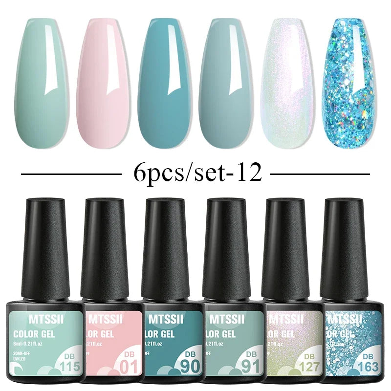 Blushimmer MTSSII 6-piece set of sparkly red gel nail polish with shiny finish for LED UV nail art and manicure supplies.