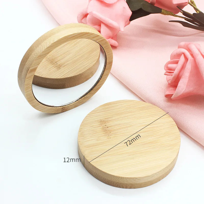 Blushimmer 1Pc pure wood round cosmetic mirror, portable pocket compact mirror for travel and beauty touch-ups.