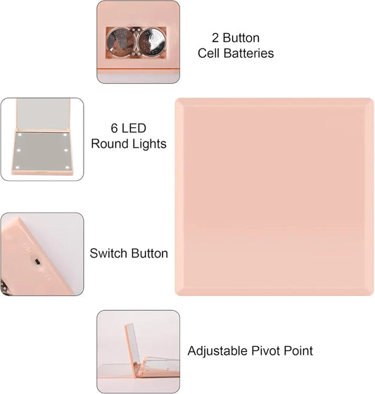 Blushimmer travel compact makeup mirror with 6 LED lights, foldable pocket mirror for women, ideal for purse use and grooming on the go.