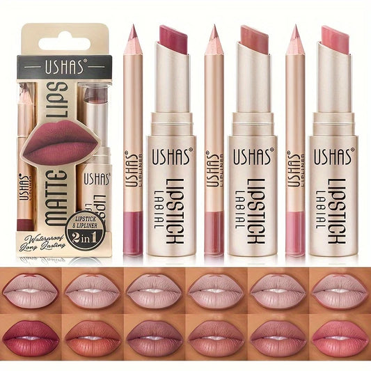 Blushimmer USHAS 12-color matte lipstick set with waterproof, long-lasting lipsticks and lip liners, featuring easy-to-apply, non-stick cup design.
