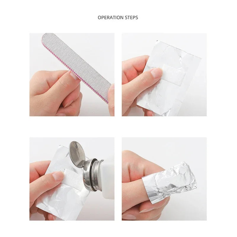Blushimmer 100-pack aluminum foil nail art wraps for gel polish removal, shown with manicure tools and nail wraps on a white background.