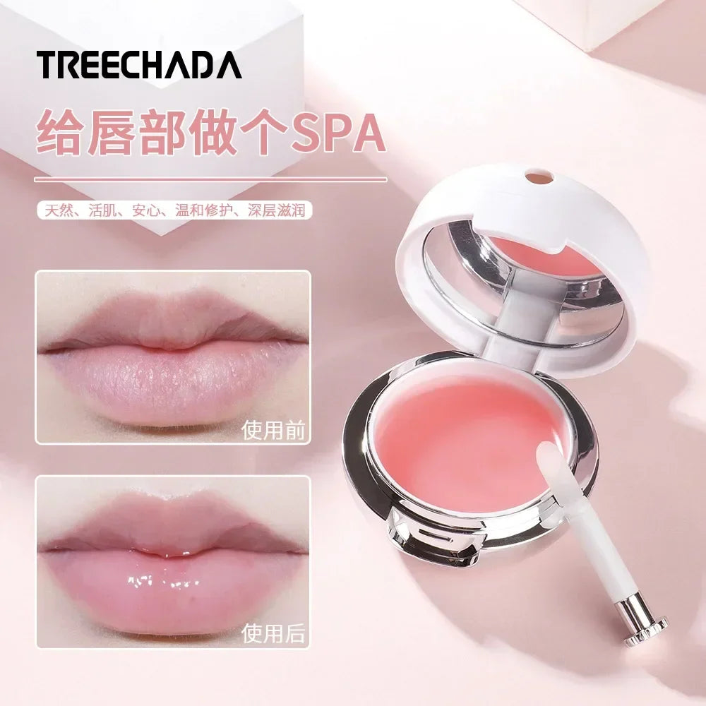 Blushimmer Treechada Rose Sleep Lip Gloss Mask in a jar, featuring a pink and white design, moisturizing and nourishing lips overnight.