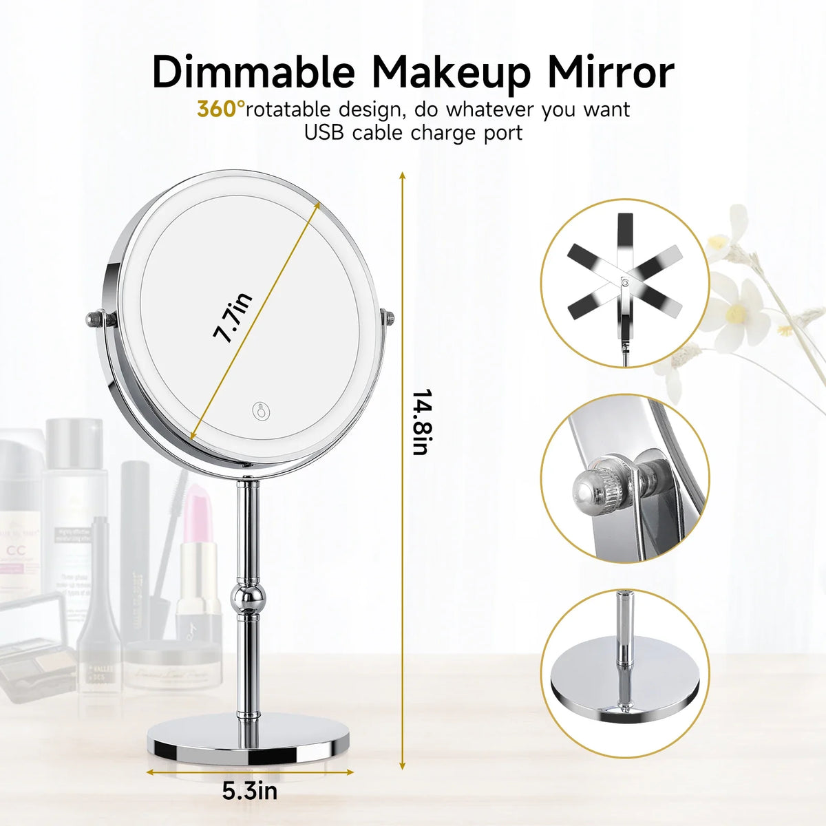 Blushimmer lighted makeup mirror with bright LED lights, 1x/10x magnification, touch control, rechargeable, tabletop vanity mirror.