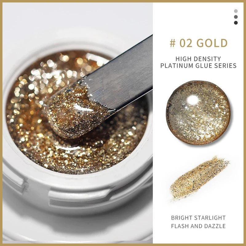 Silver and gold metallic nail gel with glitter and embossed UV finish, ideal for professional nail art by Blushimmer.
