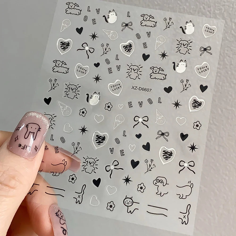 Set of 12 cartoon dog and cat nail art stickers by Blushimmer, featuring 3D graffiti designs on self-adhesive decals.
