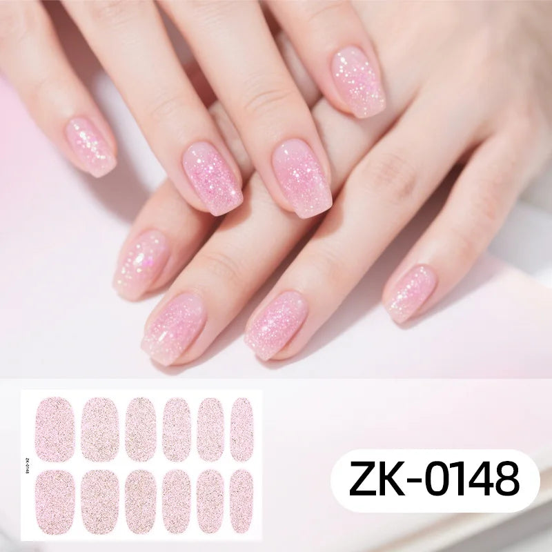 Gradient cat eye style nail art stickers by Blushimmer, 16-piece waterproof glitter false nail decals on a clear background.