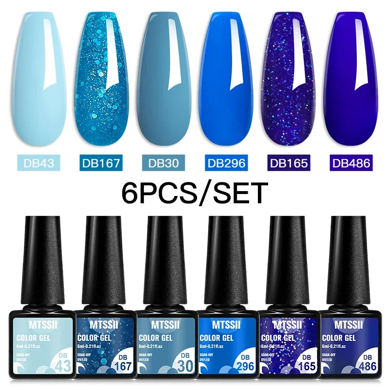 Blushimmer MTSSII 6-piece set of sparkly red gel nail polishes with shiny finish, suitable for LED and UV nail art and manicures.