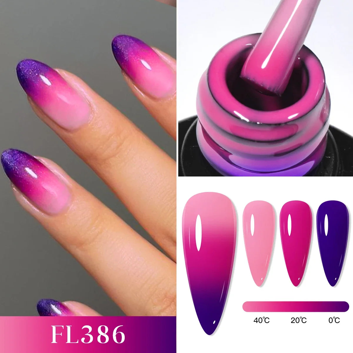 Blushimmer FOUR LILY 7ml thermal nail gel polish kit with three color-changing semi-permanent UV/LED gel for manicures.