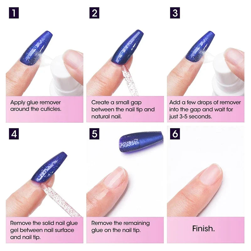 Blushimmer RSNAIL 100ml nail glue remover for press-on and acrylic nails, shown in a clear bottle with a brush applicator.