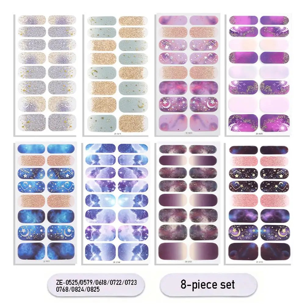 Gradient cat eye style nail art stickers by Blushimmer, 16-piece waterproof glitter false nail decals with self-adhesive design.