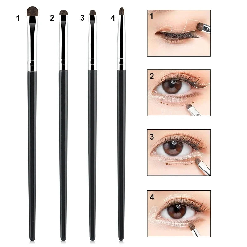 Set of four Blushimmer small eyeshadow brushes with pony hair for detailed eye makeup, eyeliner, smudging, and concealer application.