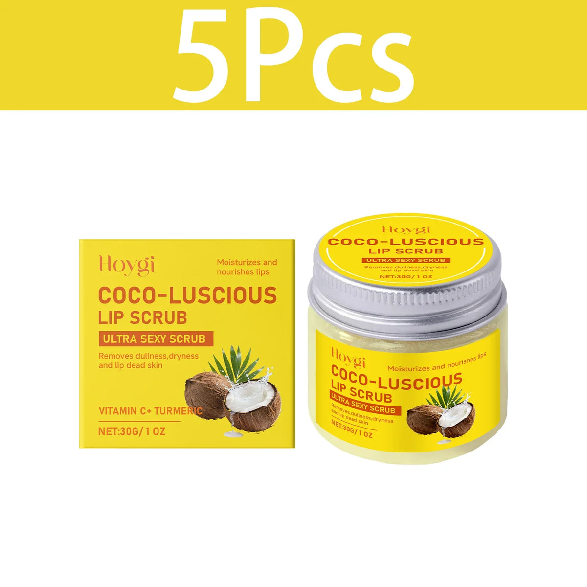 Blushimmer HOYGI turmeric lip scrub with coconut oil, exfoliates and softens dry lips, removes dead skin for smooth, moisturized lips.