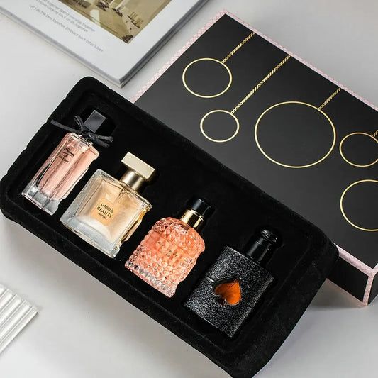 Blushimmer women’s perfume set with four 100ml eau de parfum bottles featuring floral, fresh scents in a gift box.