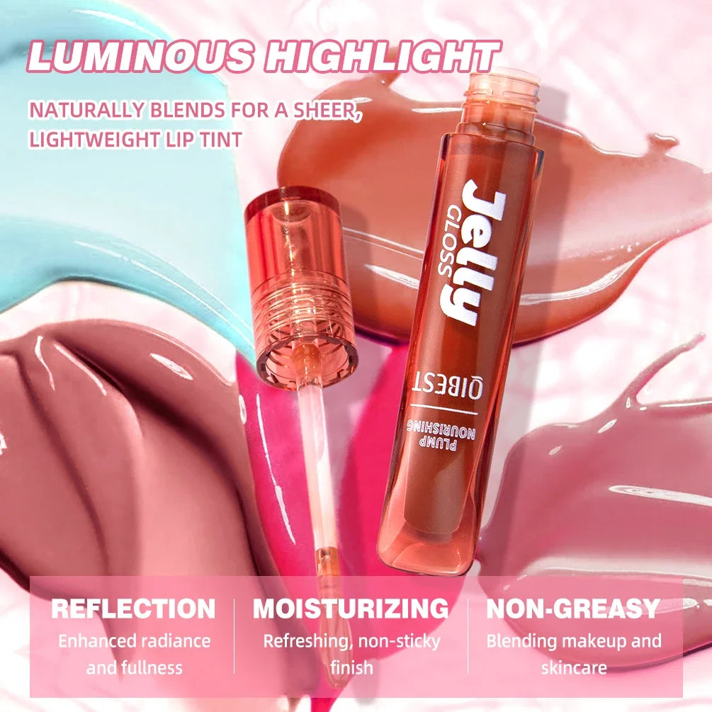 Blushimmer QIBEST Mirror Pearl Jelly Lipgloss featuring hydrating, lightweight, watery crystal finish on smooth lips.