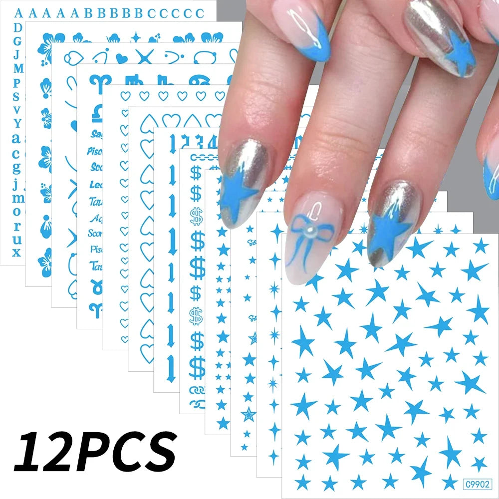 Set of 12 self-adhesive cartoon dog and cat nail art stickers featuring 3D graffiti designs on a black background for creative manicures.