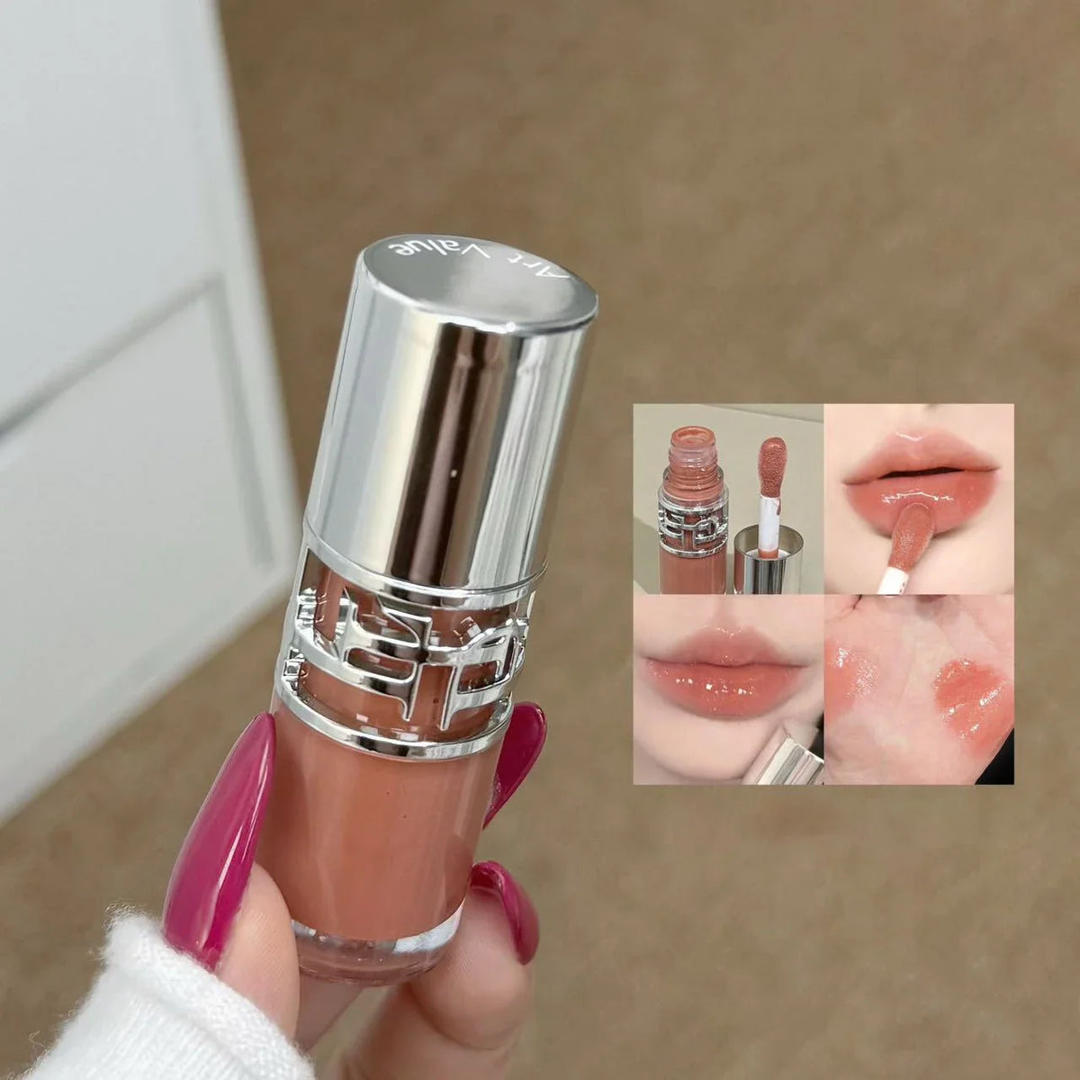 Blushimmer transparent moisturizing lip gloss with crystal shine, hydrating and tinted, applied on lips with mirror reflection.