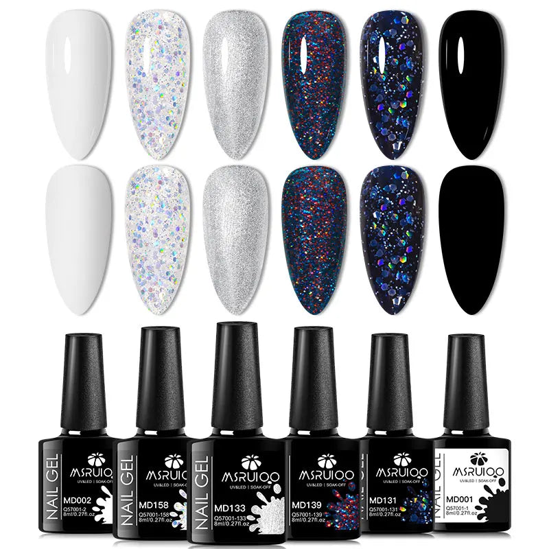 Blushimmer 6-piece nail gel polish set with vibrant, semi-permanent UV gel colors for all-season manicures and nail art designs.